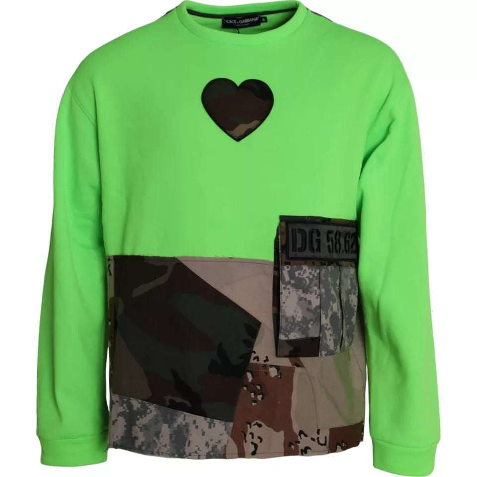 Pull à col rond Dolce & Gabbana en patchwork vert avec motif cœur, pull-over en laine pour femme.