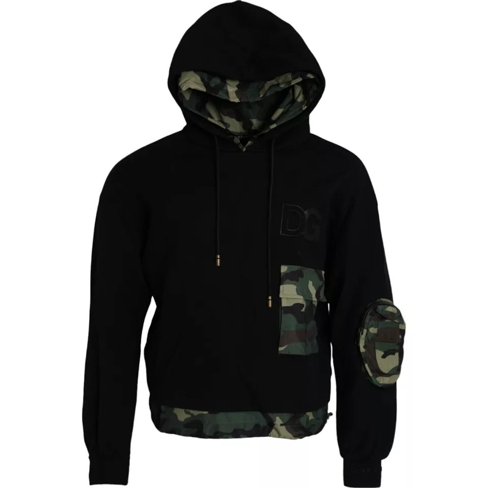 Sweat-shirt à capuche noir camouflage Dolce & Gabbana, style décontracté, en coton avec logo discret, vue de face.
