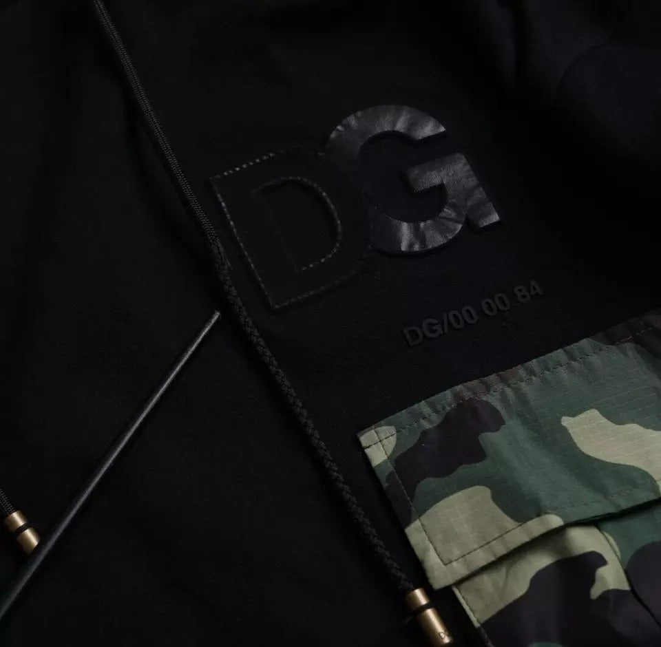Sweat-shirt à capuche noir camouflage Dolce & Gabbana, pull décontracté en coton avec logo, style moderne et tendance.