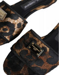 Sandales plates Dolce & Gabbana logo léopard marron, slides confortables en cuir pour femme