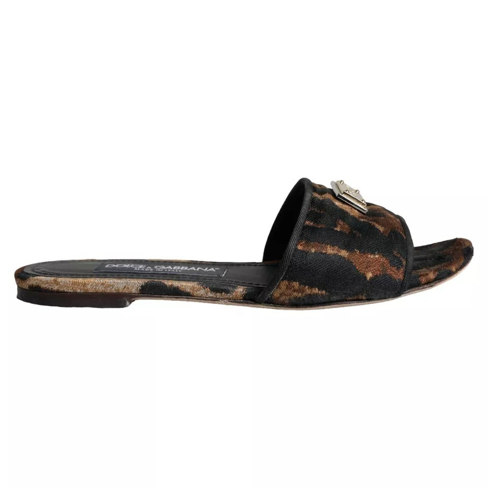 Sandales plates Dolce & Gabbana à logo léopard marron, sandales confortables en style décontracté et tendance.