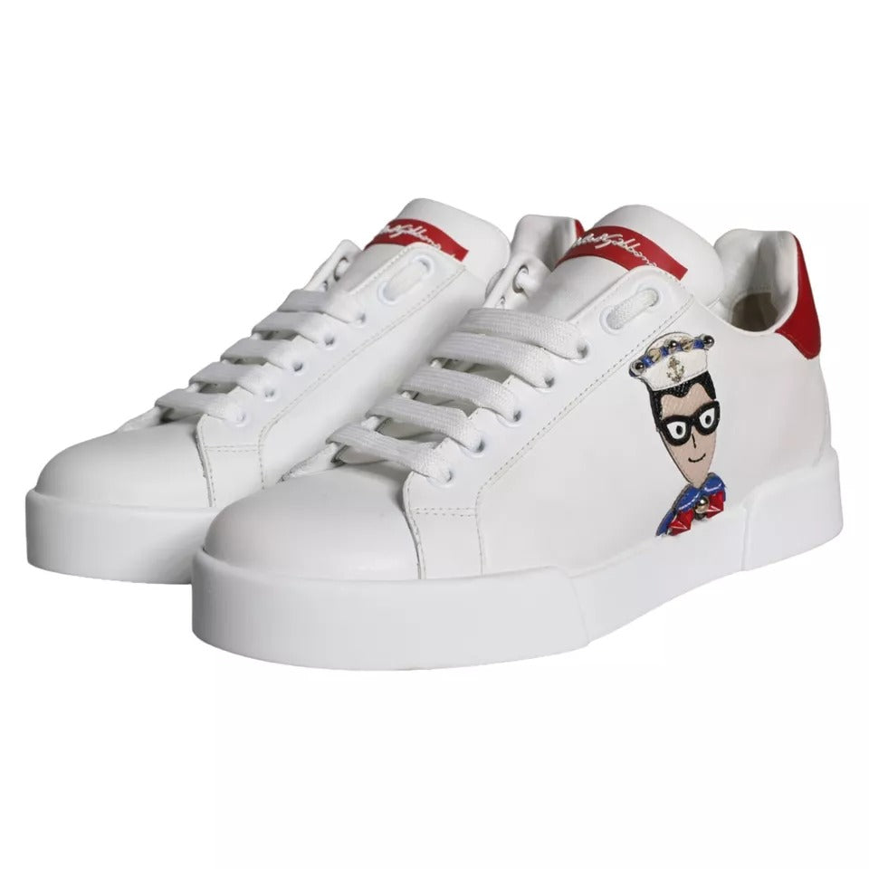 Chaussures Portofino Dolce & Gabbana en cuir de veau blanc avec patch, baskets élégantes en nappa pour femmes.