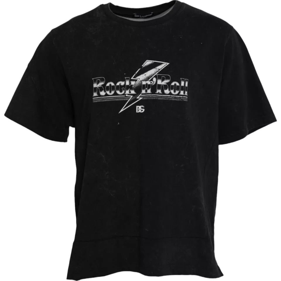 T-shirt en coton noir Dolce & Gabbana avec imprimé graphique, col rond et design moderne visible sur l'image.