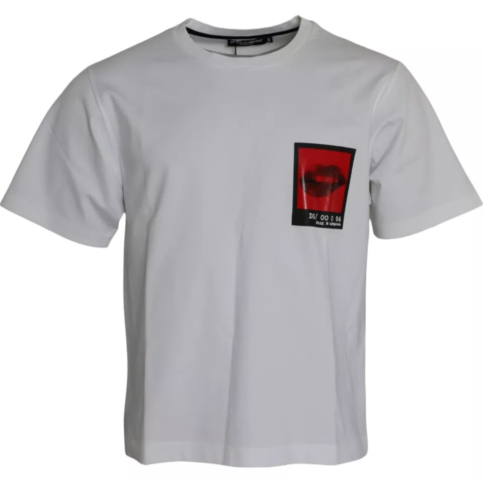 T-shirt blanc en coton pour homme de Dolce & Gabbana avec imprimé lèvres rouges et blanches.