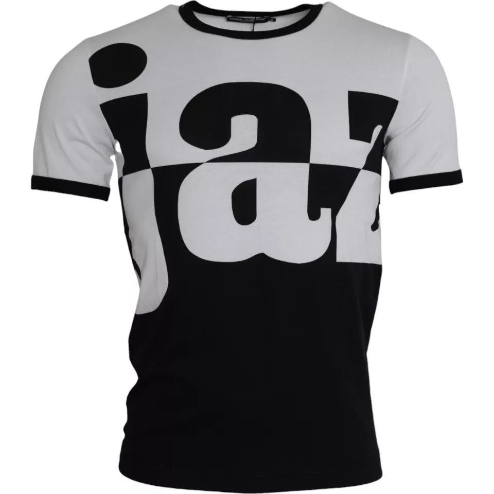 T-shirt en coton noir et blanc Dolce & Gabbana avec motif jazz, manches courtes, design élégant et moderne.