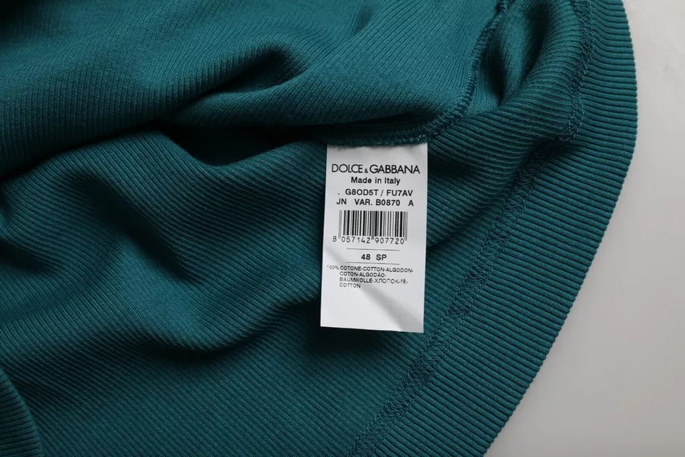 T-shirt en coton à manches courtes bleu vert de Dolce & Gabbana, col rond, style décontracté et moderne.