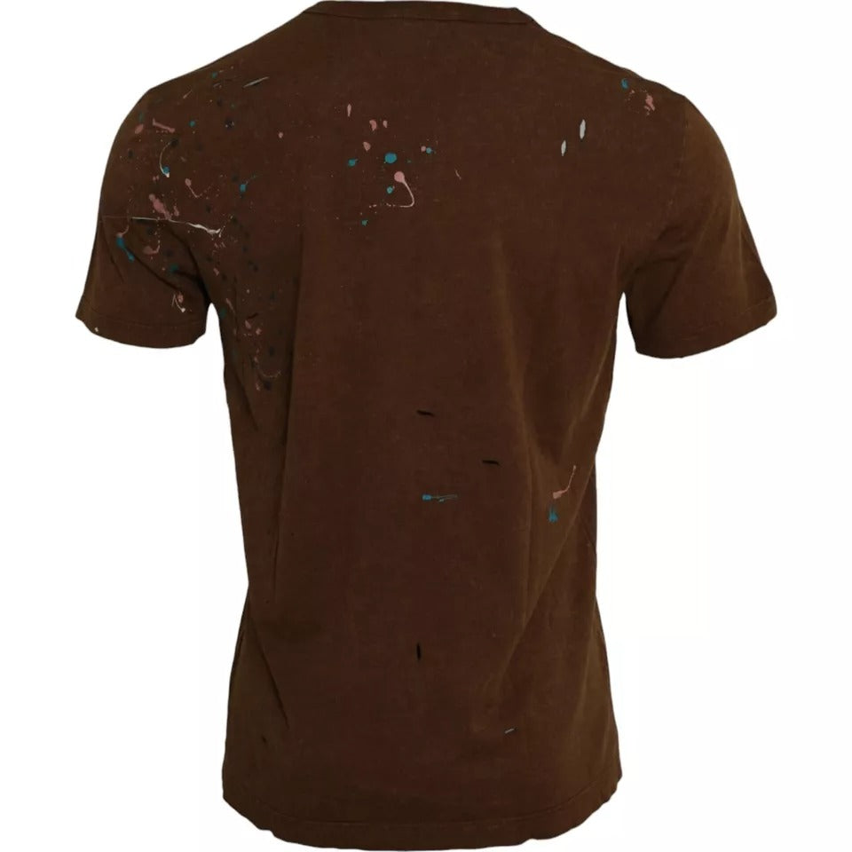 T-shirt en coton marron avec éclaboussures de couleurs de marque Dolce & Gabbana, col rond, vue de face.