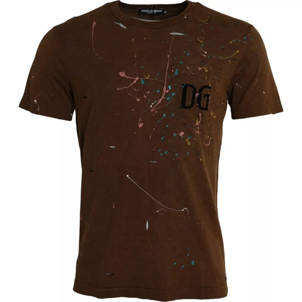 T-shirt en coton marron avec éclaboussures de couleur, col rond, marque Dolce & Gabbana, style décontracté.