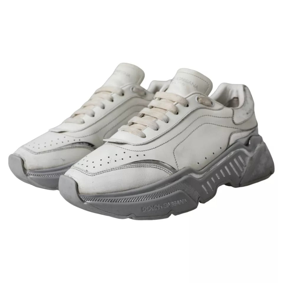 Chaussures sneakers basses Dolce & Gabbana Daymaster blanches et argentées, vue de profil.