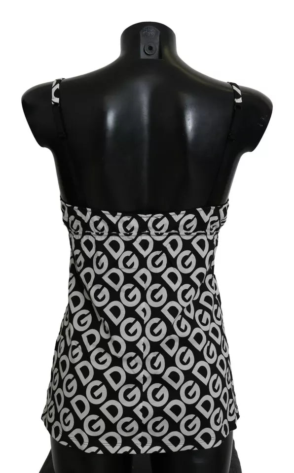 Maillot de bain sans manches Dolce & Gabbana DG Mania imprimé noir, style élégant et tendance.