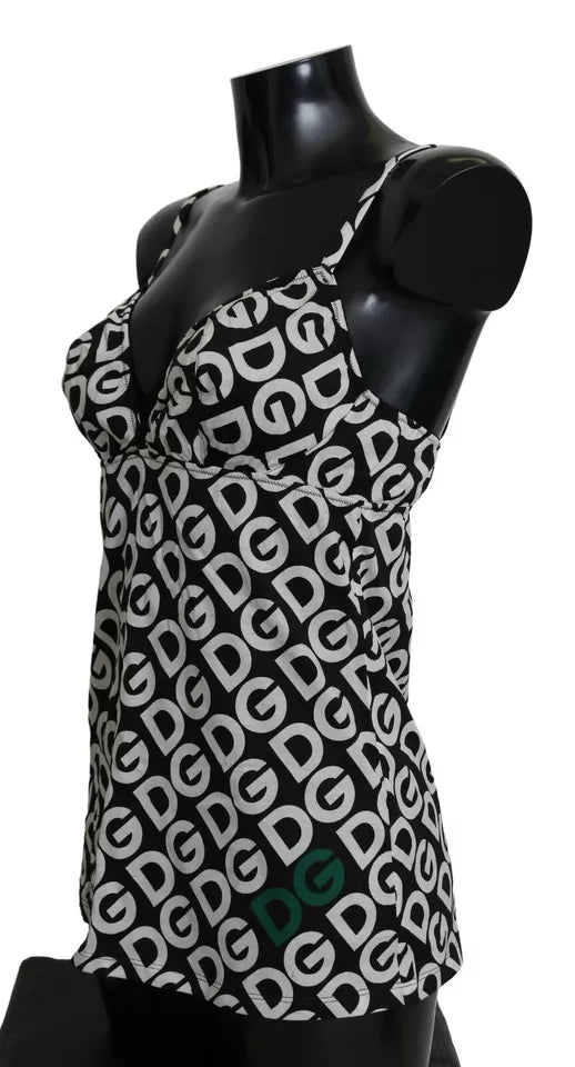 Maillot de bain sans manches Dolce & Gabbana DG Mania imprimé noir, design élégant et moderne pour la plage ou la piscine