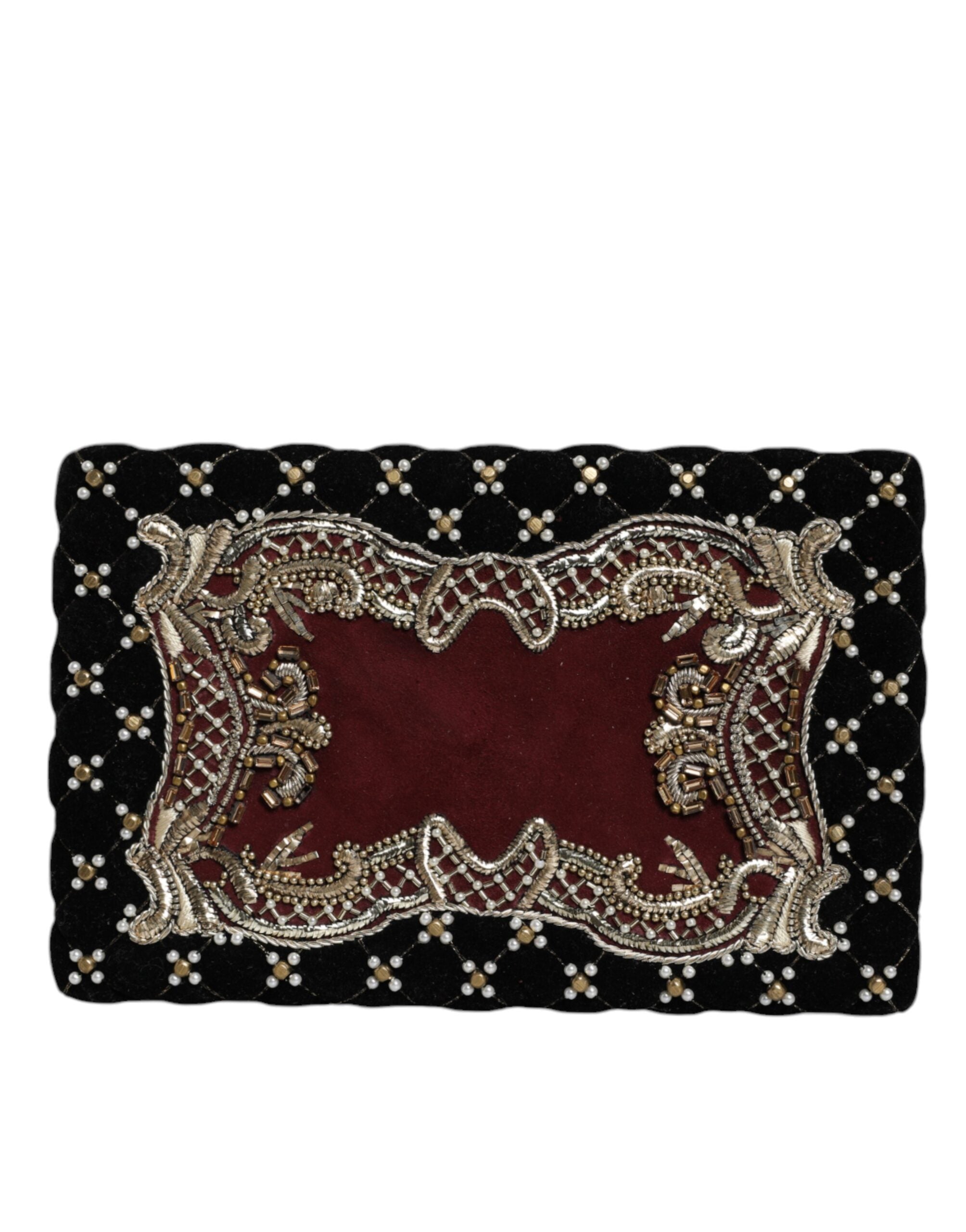 Pochette de soirée Dolce & Gabbana Bordeaux et noire en velours avec cadre doré, design élégant et sophistiqué.