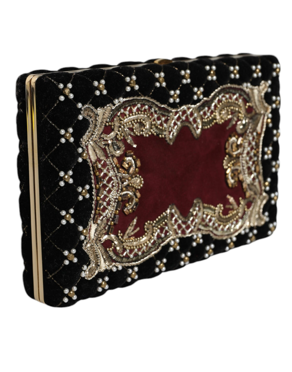 Sac clutch Dolce & Gabbana en velours noir bordeaux avec cadre doré pour soirée, élégance et style sophistiqué.