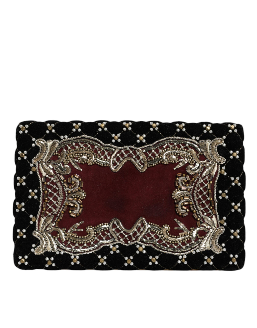 Sac clutch Dolce & Gabbana en velours noir bordeaux avec cadre doré, élégant sac de soirée pour femmes.