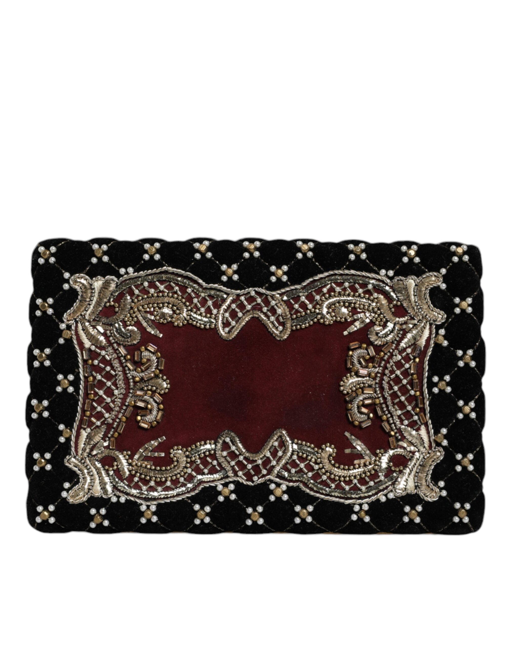 Sac clutch Dolce & Gabbana en velours noir bordeaux avec cadre doré, élégant sac de soirée pour femmes.