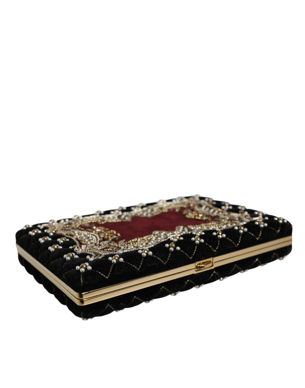 Sac clutch en velours noir et bordeaux Dolce & Gabbana avec cadre en or, parfait pour une soirée élégante.