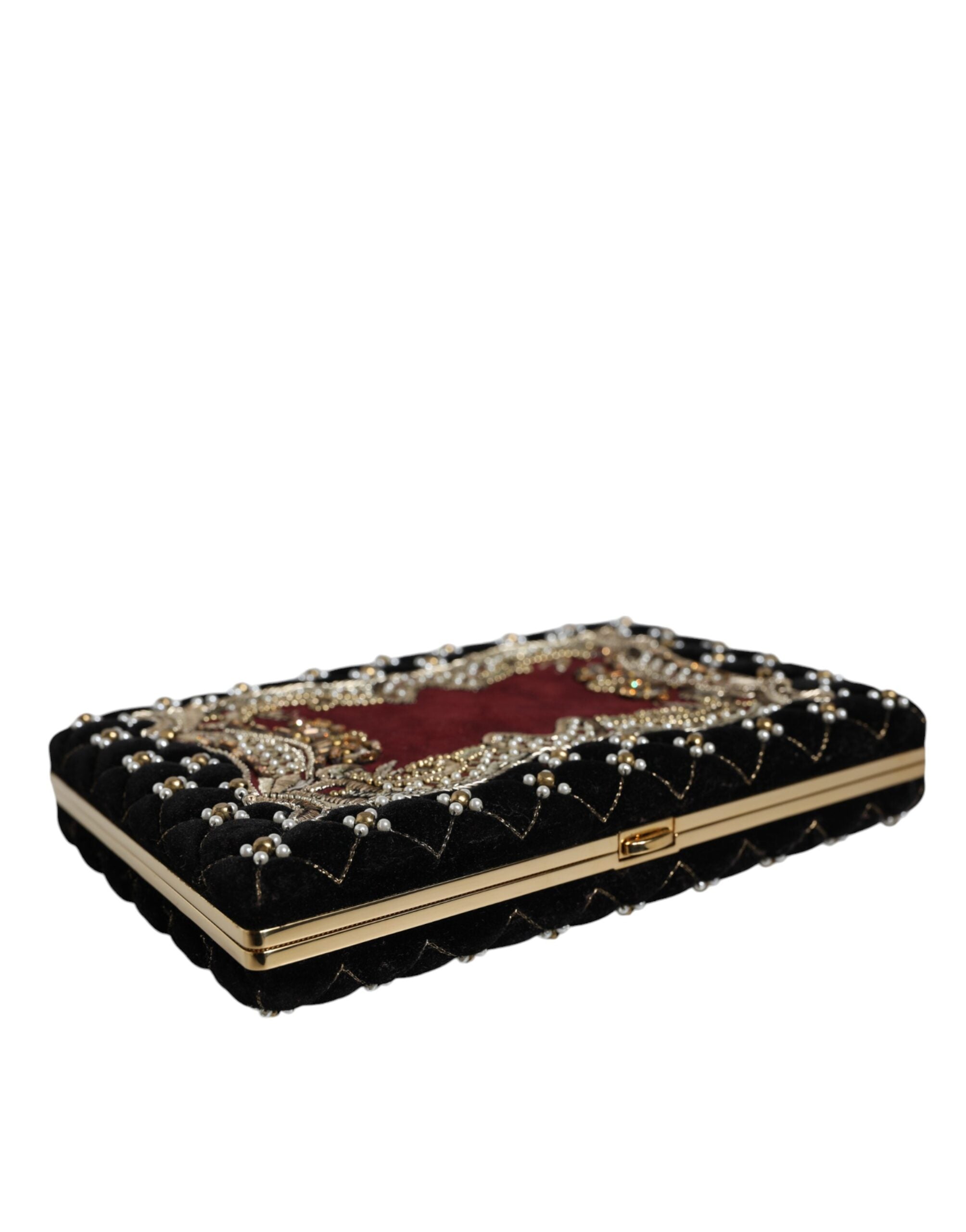 Sac clutch en velours noir et bordeaux Dolce & Gabbana avec cadre en or, parfait pour une soirée élégante.