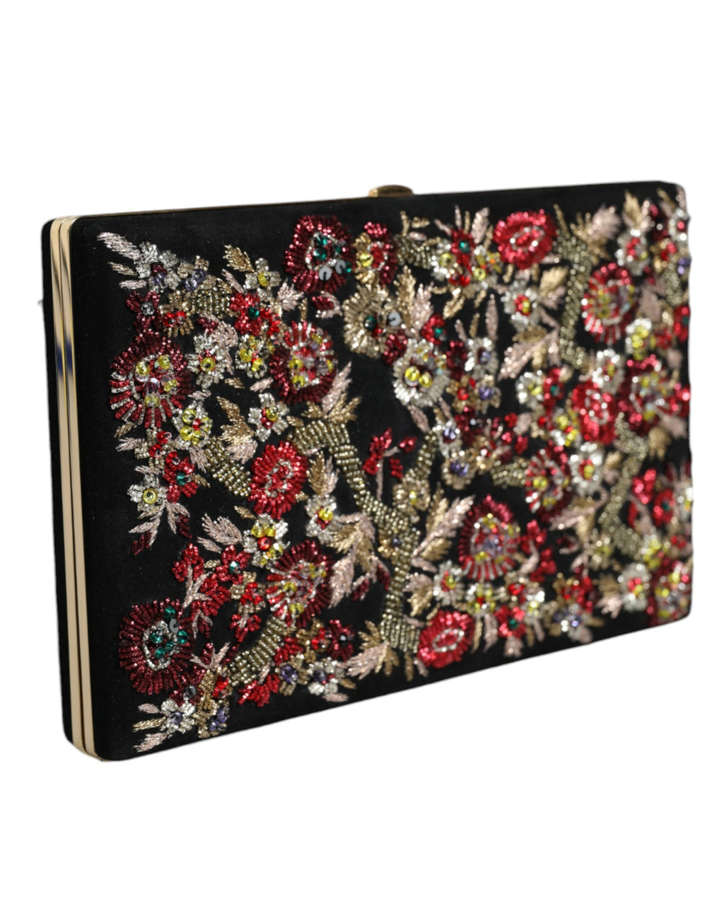 Sac pochette Dolce & Gabbana multicolore à fleurs avec cadre doré, idéal pour soirée, en cuir élégant et décor floral.