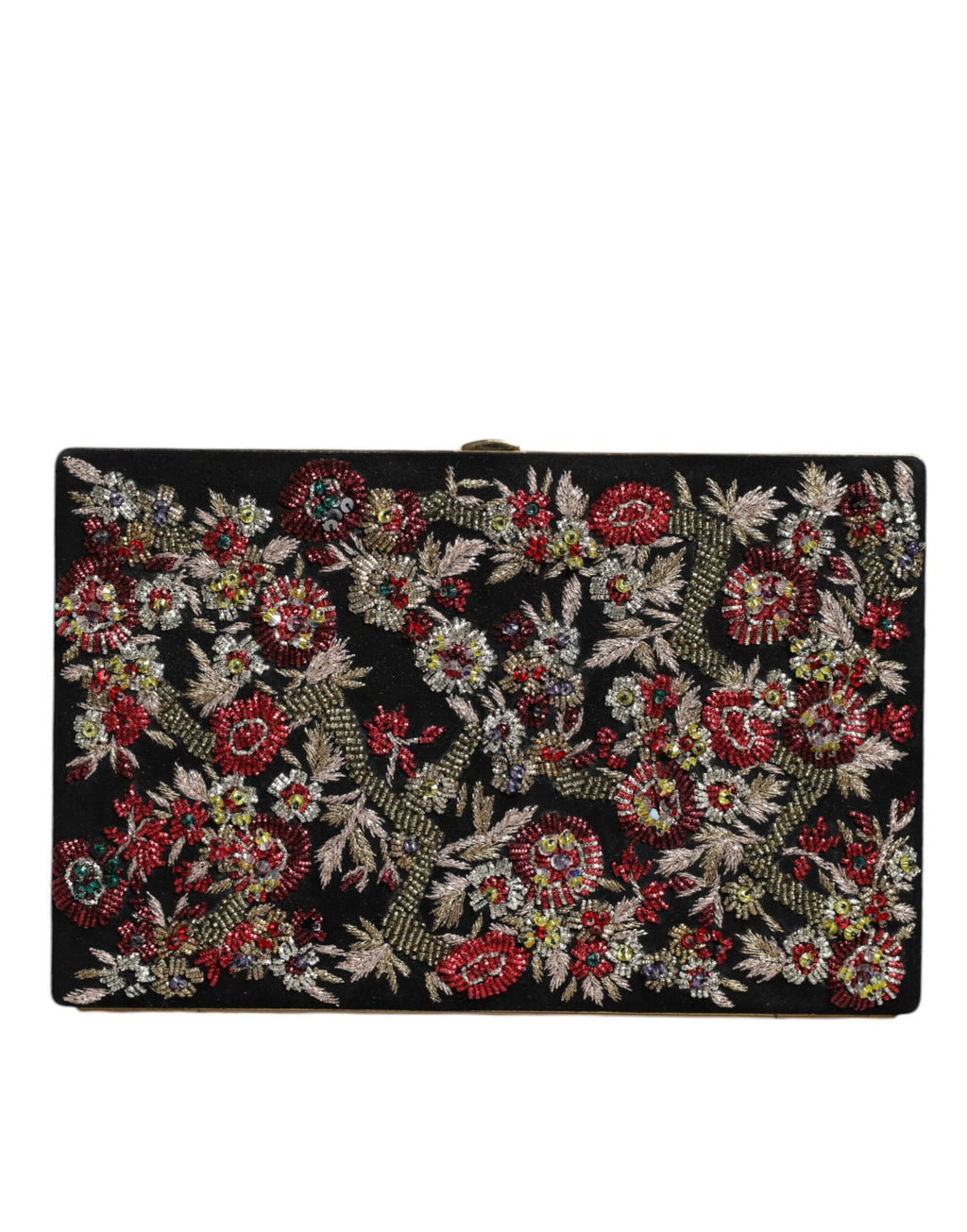 Pochette de soirée Dolce & Gabbana multicolore à fleurs avec cadre doré et poignée élégante.