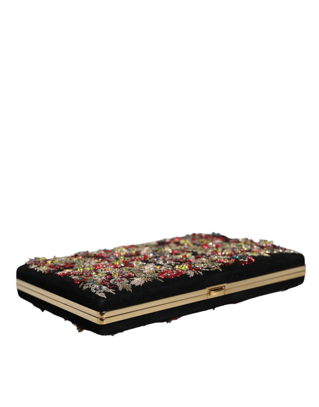Sac pochette Dolce & Gabbana multicolore à fleurs avec cadre en or, pochette de soirée élégante et raffinée.