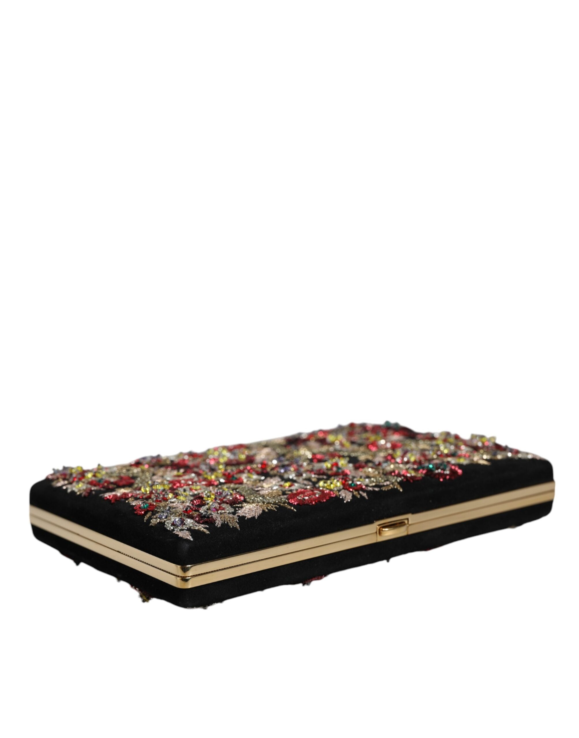 Sac pochette Dolce & Gabbana multicolore à fleurs avec cadre en or, pochette de soirée élégante et raffinée.