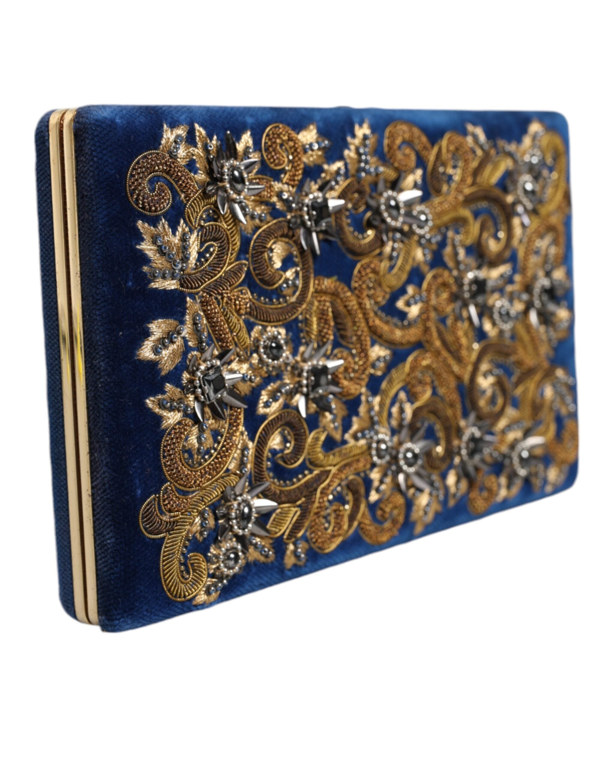 Sac pochette Dolce & Gabbana en velours bleu avec cadre doré, idéale pour soirée et événements élégants.