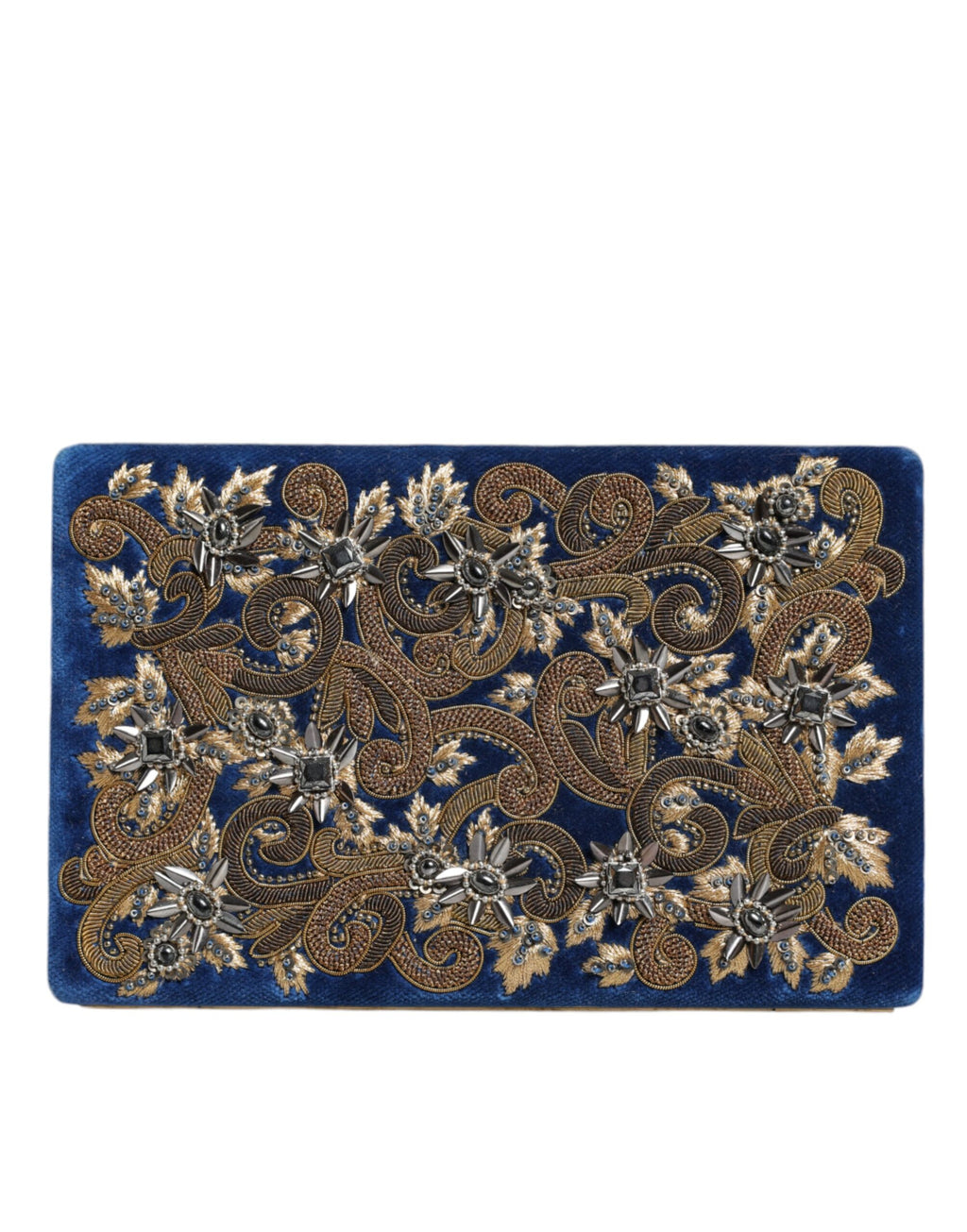 Sac pochette Dolce & Gabbana en velours bleu avec cadre en or, idéal pour soirée et événements élégants.