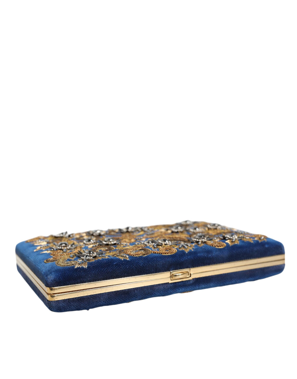 Sac pochette Dolce & Gabbana en velours bleu avec cadre doré, parfait pour soirée et événements élégants.