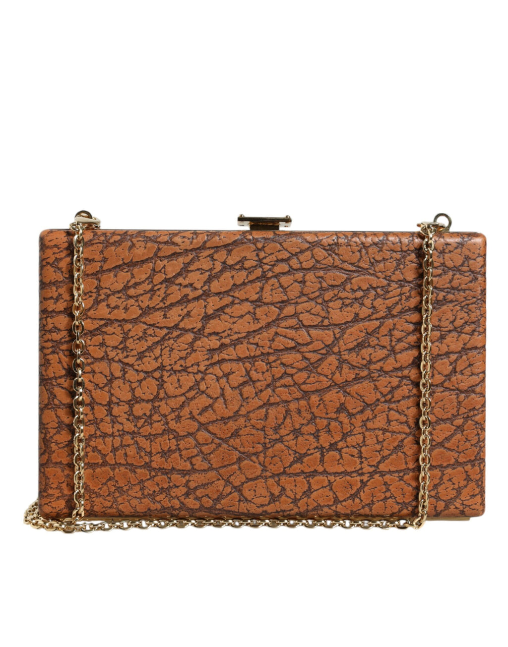 Sac clutch mini en cuir marron Dolce & Gabbana avec cadre doré, design élégant et chaîne croisée pour femme.