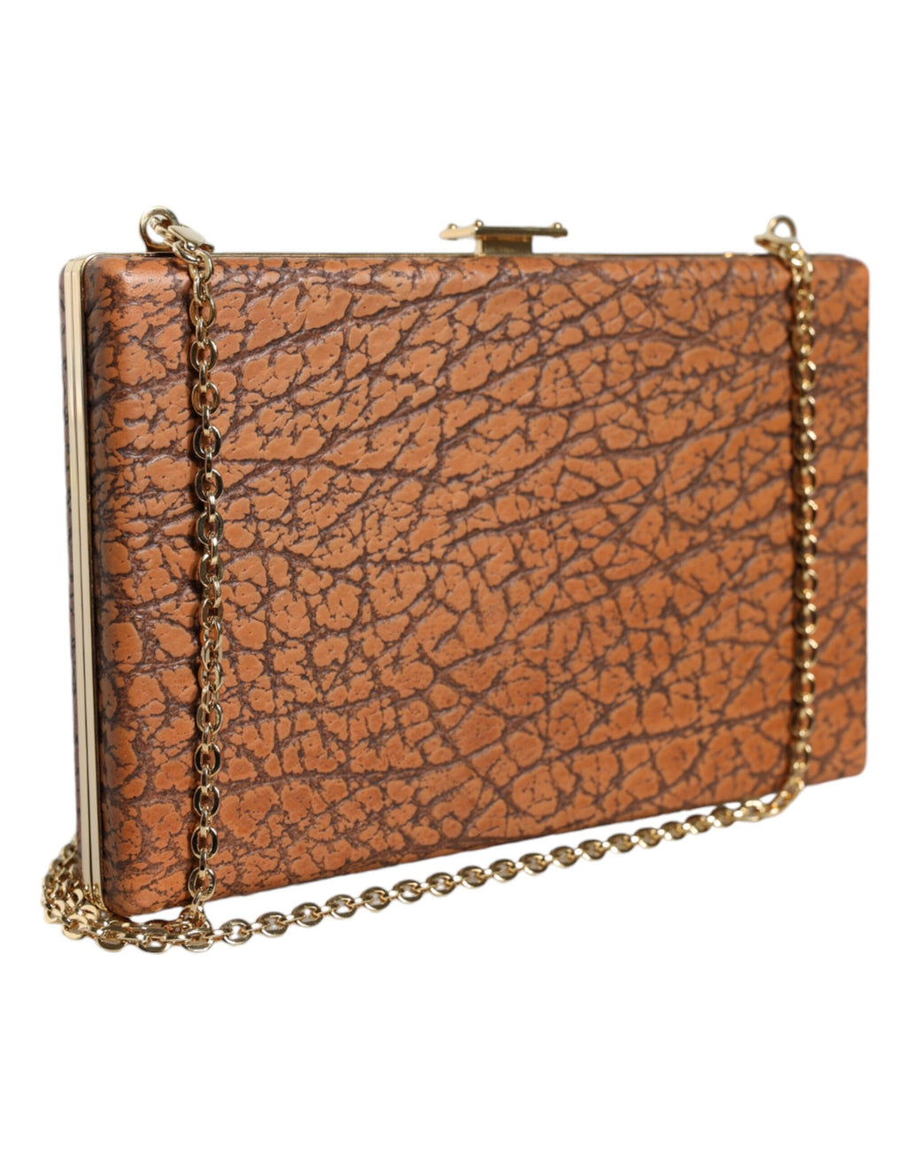 Sac clutch mini en cuir marron Dolce & Gabbana avec cadre doré, idéal pour porter à la main ou en bandoulière.