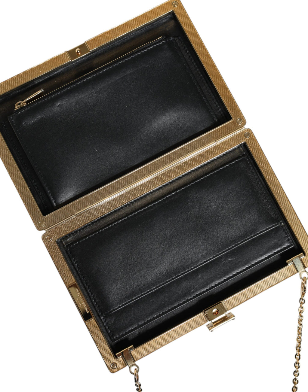Sac clutch en cuir marron Dolce & Gabbana avec cadre doré et bandoulière miniature, élégant et sophistiqué.