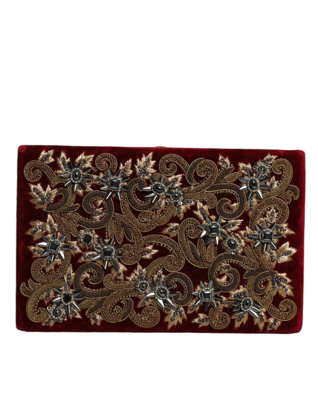 Sac pochette Dolce & Gabbana en velours rouge avec cadre en or, idéal pour soirée et événements élégants.