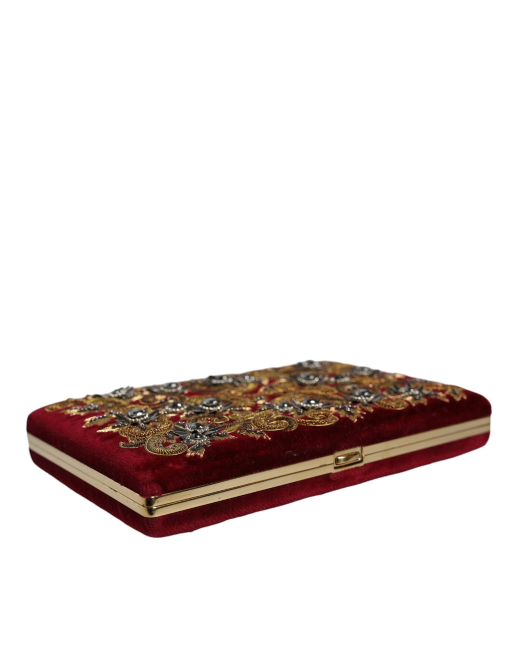 Sac pochette Dolce & Gabbana en velours rouge avec cadre doré, idéal pour soirée et événements élégants.