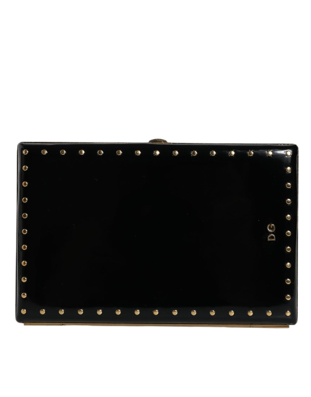 Sac clutch noir en cuir Dolce & Gabbana avec studs et cadre doré, pochette élégante pour soirée.