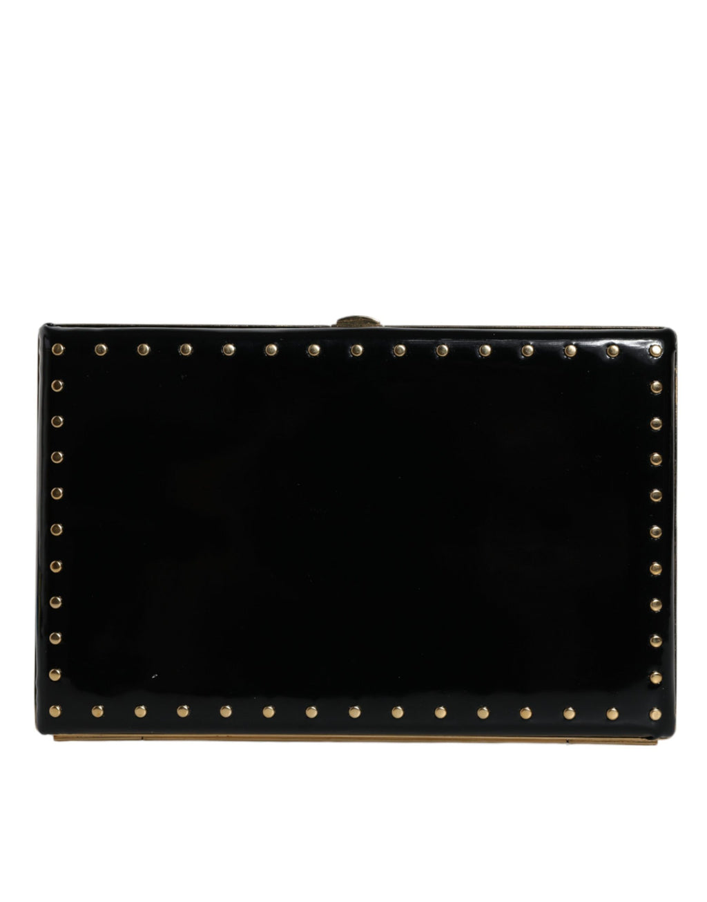 Sac clutch noir en cuir Dolce & Gabbana avec studs et cadre doré, idéal pour soirée élégante.