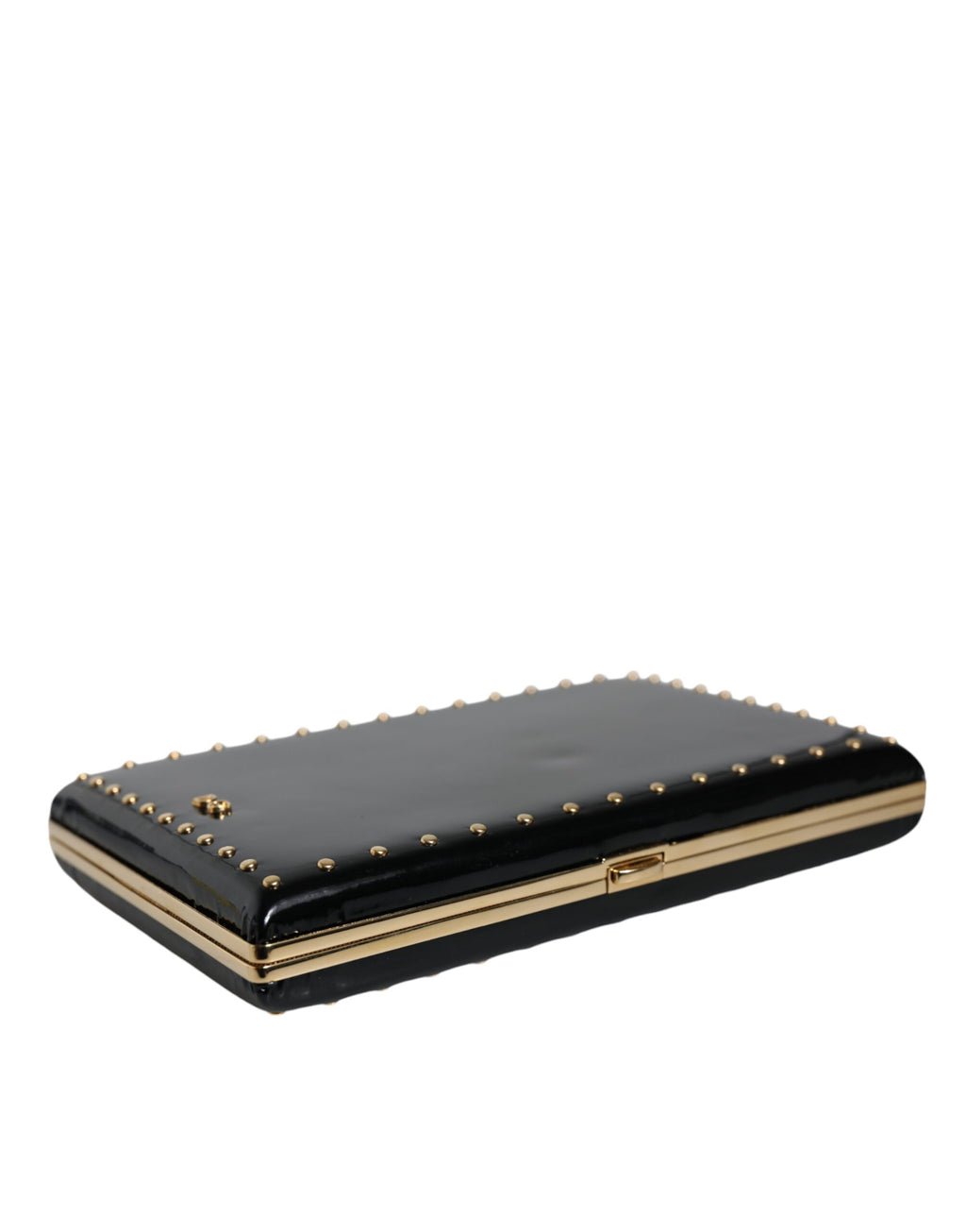 Sac clutch Dolce & Gabbana en cuir noir avec clous dorés et cadre doré, parfait pour soirée et élégance.