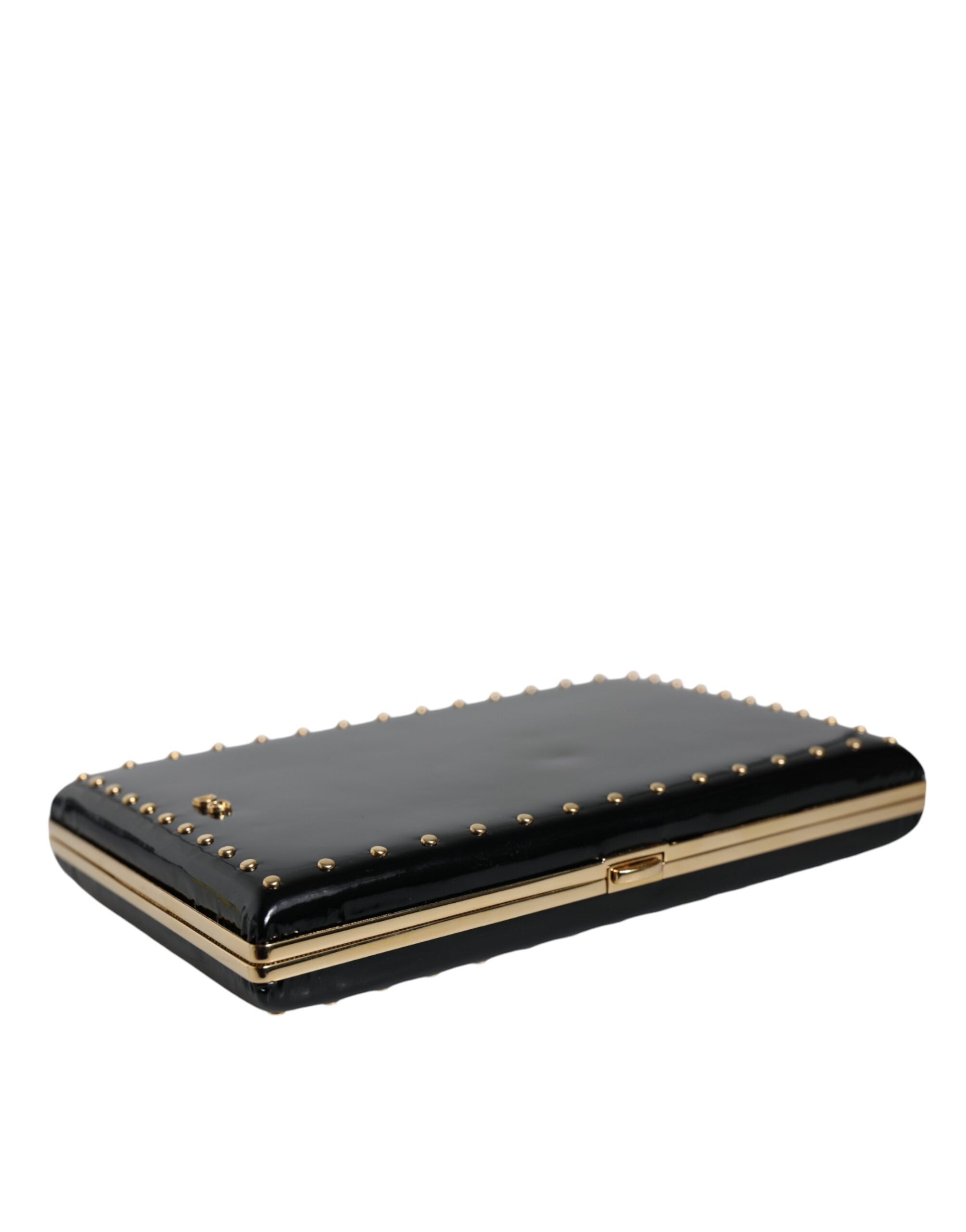 Sac clutch Dolce & Gabbana en cuir noir avec clous dorés et cadre doré, parfait pour soirée et élégance.