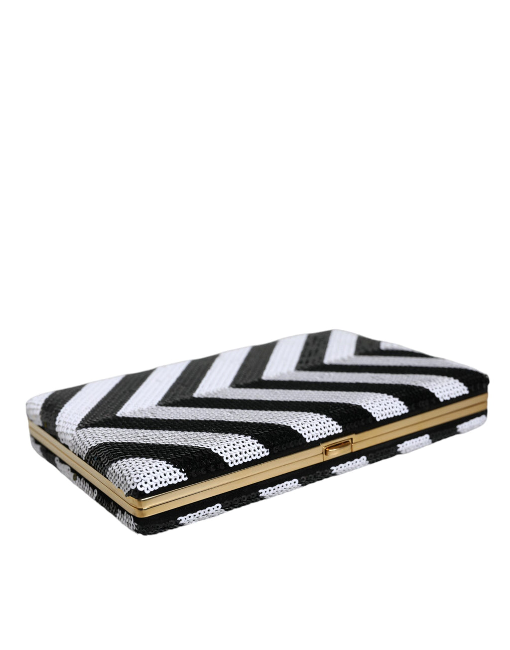 Sac pochette Dolce & Gabbana noir, blanc et or avec cadre métallique pour soirée et fête, élégant et sophistiqué.
