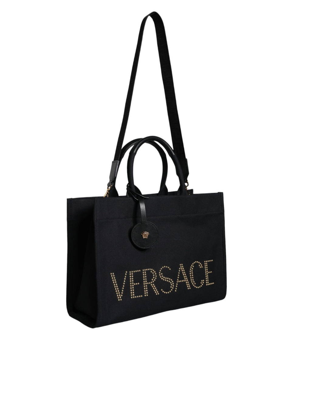 Sac à main tote Versace noir avec poignée, en toile et cuir avec logo, idéal pour transporter en style.