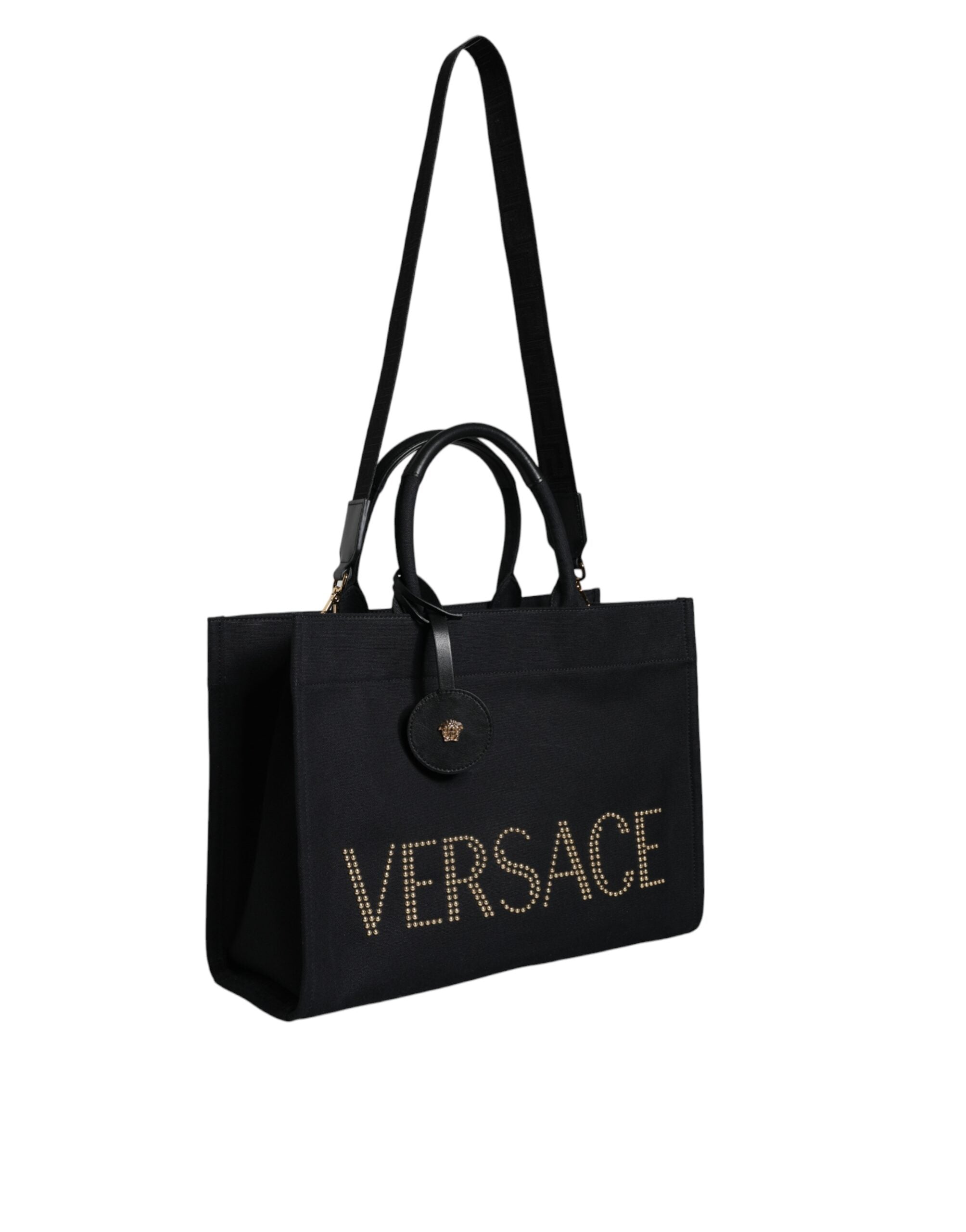 Sac à main tote Versace noir avec poignée, en toile et cuir avec logo, idéal pour transporter en style.
