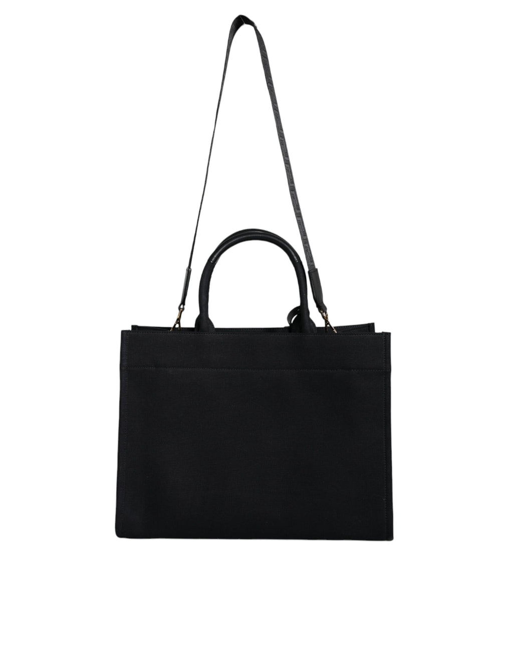 Sac à main à bandoulière Versace noir en toile et cuir avec logo, petit sac tote élégant et pratique.