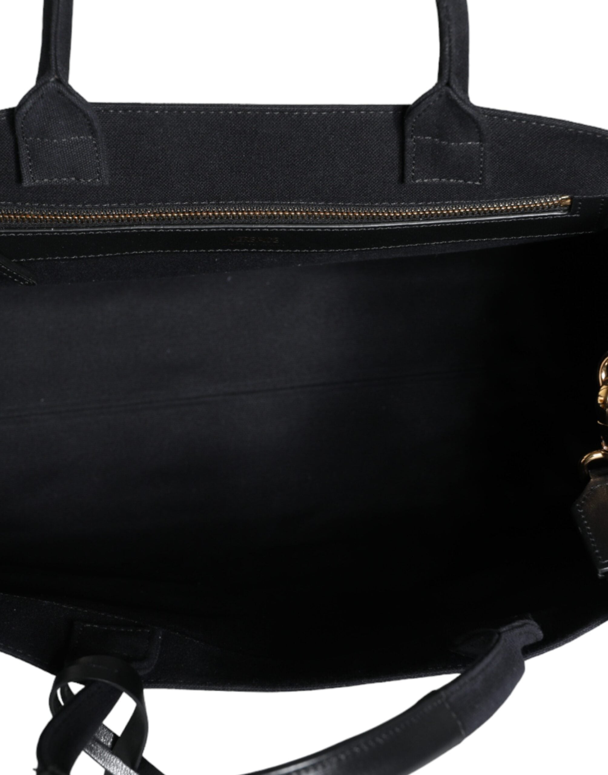 Sac à main tote bandoulière en toile et cuir noir Versace avec logo, poignée en haut, élégant et spacieux.