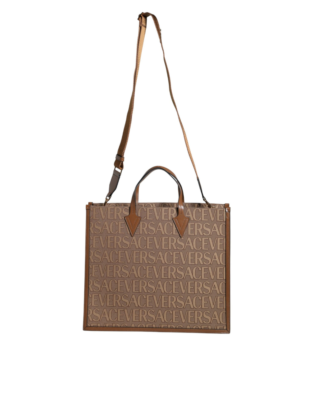 Sac à main bandoulière Versace en jacquard de cuir marron avec logo, style tote élégant et pratique.