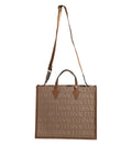 Sac à main bandoulière Versace en jacquard de cuir marron avec logo, style tote élégant et pratique.