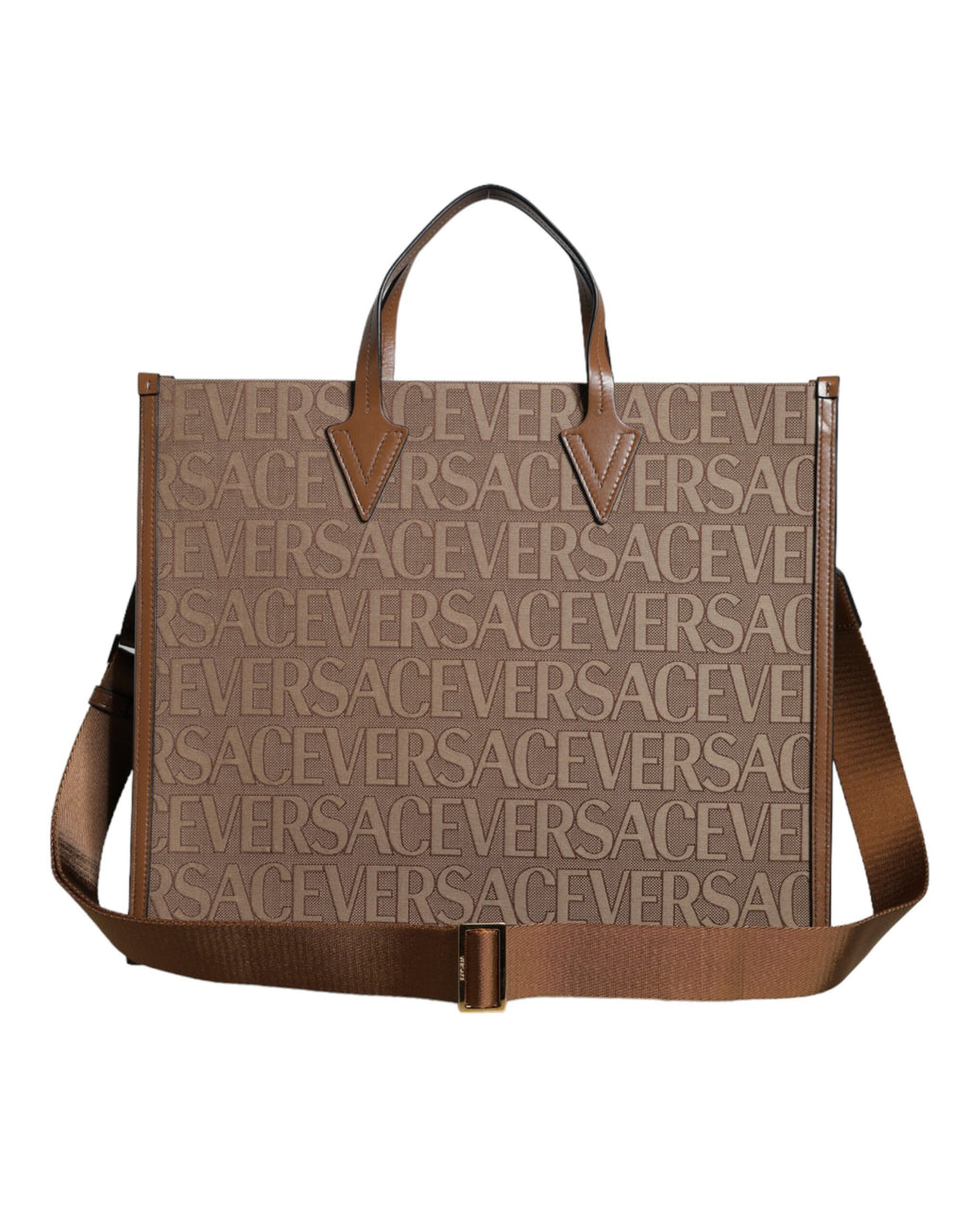 Sac à main bandoulière Versace en jacquard marron avec logo, élégant et spacieux en cuir pour hommes et femmes.