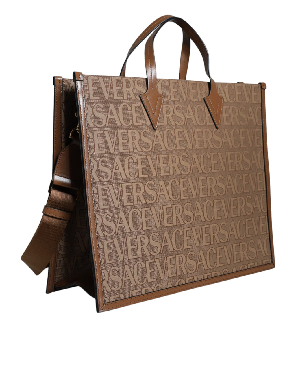 Sac à main bandoulière Versace en jacquard marron, cuir avec logo, design élégant et pratique.