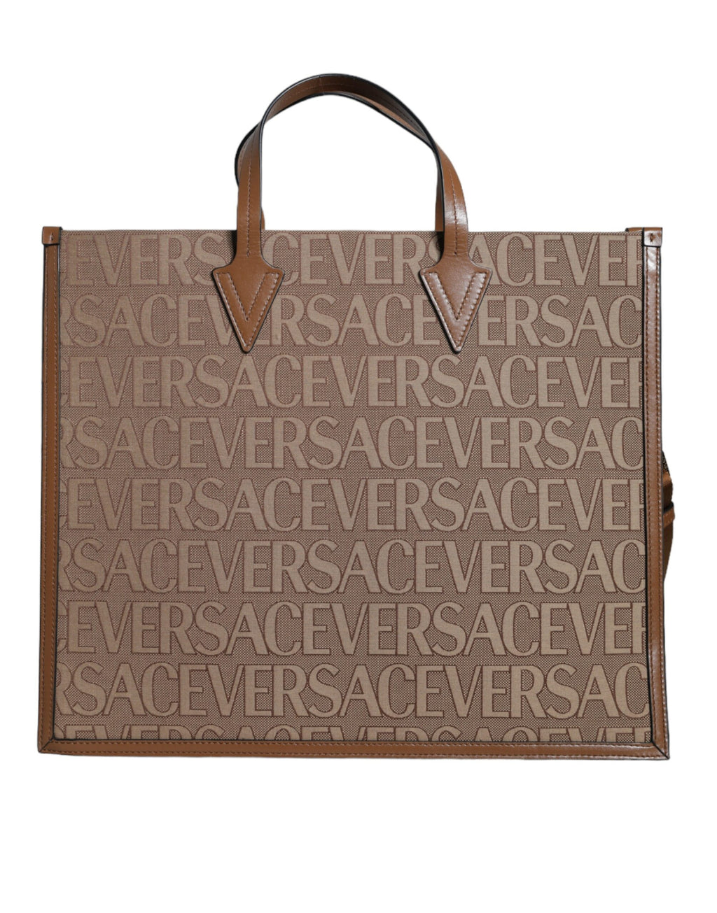 Sac tote à main moyen en jacquard de cuir brun avec logo Versace, sac à bandoulière élégant et sophistiqué.