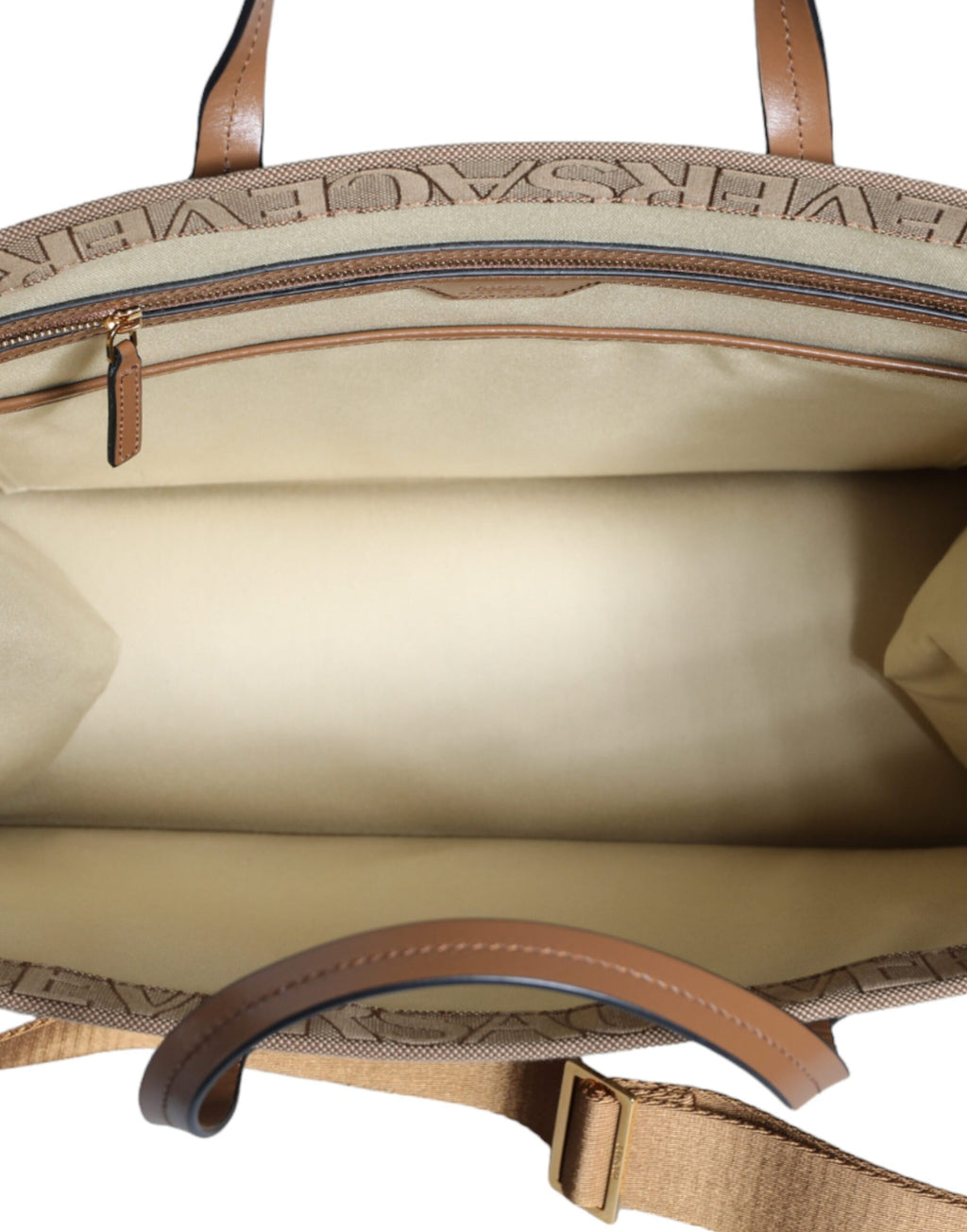 Sac à main crossbody Versace en jacquard de cuir marron avec logo, poignées en haut et design élégant.