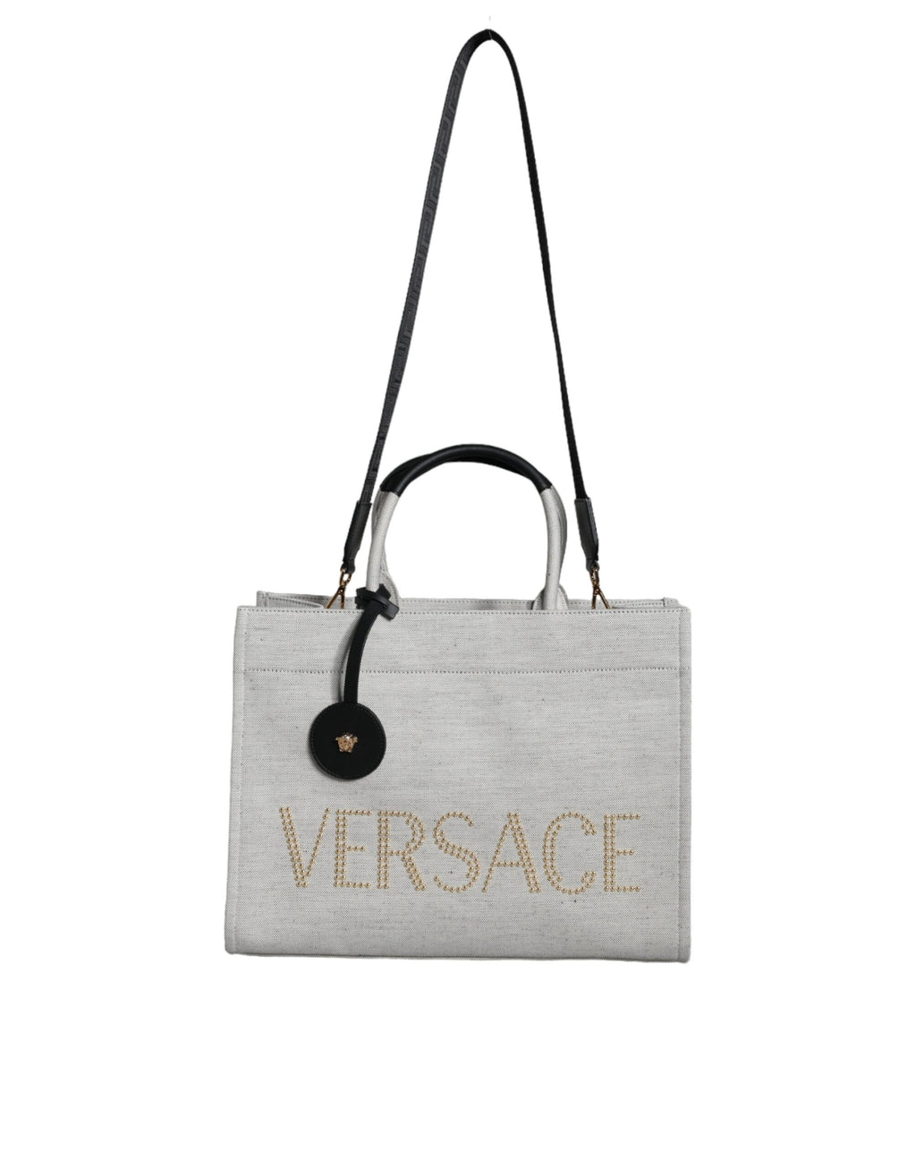 Sac cabas à main Versace blanc en toile et cuir avec logo, bandoulière, élégant et spacieux pour femmes.