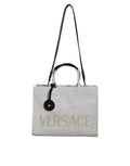 Sac cabas à main Versace blanc en toile et cuir avec logo, bandoulière, élégant et spacieux pour femmes.